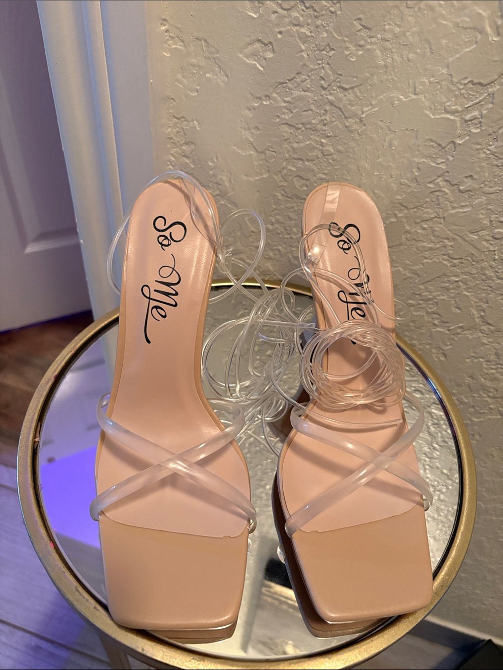 So Me Nude Clear-Strap Square Toe Heeled Sandals